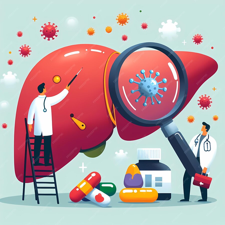 Illustration of a liver with various icons representing different epidemiological factors, such as virus symbols, statistical graphs, and demographic figures, highlighting the complexity and importance of studying the spread and impact of liver disease.